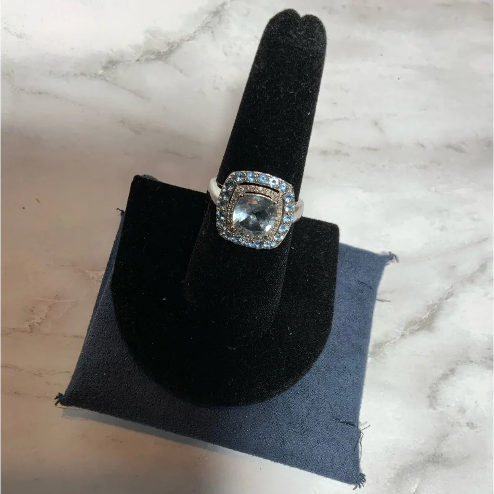 Stunning 10K Cushion-Cut Swiss Blue Topaz & Diamond Ring - Double Halo - Sz 6.75 - Picture 14 of 16